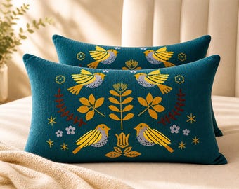 Bird Pattern Pillow Shams Set of 2, Cotton Muslin Pillow Covers 20x26, Soft Breathable Boho Pillowcase, Decorative Bed Pillow Covers