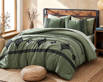 Olive Green Boho Comforter Set Queen, Farmhouse Bedding, Embroidered Bed in a Bag, 7 Piece