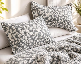 Grey Leaf Cotton Muslin Pillow Shams Set of 2, Soft Breathable Pillow Covers 20x26, Farmhouse Bedroom Decor, Muslin Pillowcase