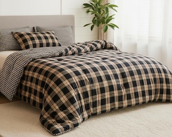100% Cotton Queen Comforter Set, Reversible Plaid Bedding, All-Season Lightweight (Black Red)