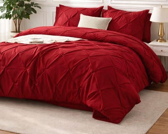 Dark Red Pinch Pleat Comforter Set, Full Size 7 Piece Bedding, All Season Cozy
