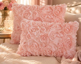 3D Rose Pillow Covers Set of 2 – Decorative Chiffon Floral Throw Pillowcase – Romantic Bedroom Living Room Accent 12x20 Inch