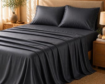 Dark Grey Queen Sheet Set, Soft Microfiber Sheets, Cooling Breathable Bedding, Deep Pocket Fitted Sheet, Minimalist Bedroom Decor