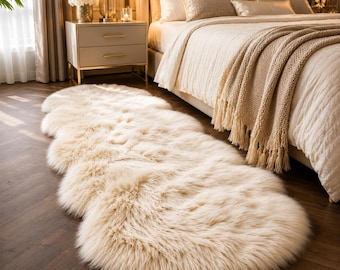 Beige Faux Fur Sheepskin Runner, Fluffy Shaggy Floor Mat, Soft Bedroom Decor, Chair Cover, Sofa Throw, Cozy Nursery Accent
