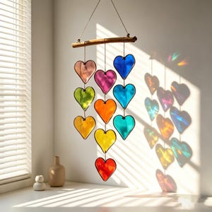 Regenbogen Herzen Treibholz Buntglas Sonnenfänger Pastell Boho Wanddekor Handgemachte Bunte Liebeskunst Einzigartiges Valentinstagsgeschenk