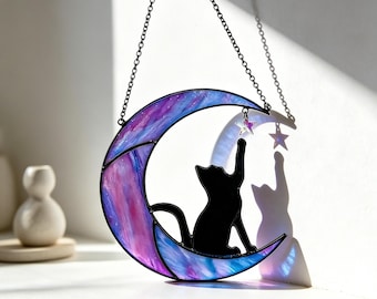 Chat Galaxie Lune Croissante Vitrail Capteur de Soleil Déco Céleste Maison Fait Main Art Mystique Fenêtre Cadeau Sorcière Diplôme Vitre Chat
