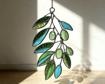 Handmade Green Olive Leaf Stained Glass Suncatcher, Leaf Branch Glass Window Hanging, Plant Lover Gift Botanical Garden Decor Wall Art Decor