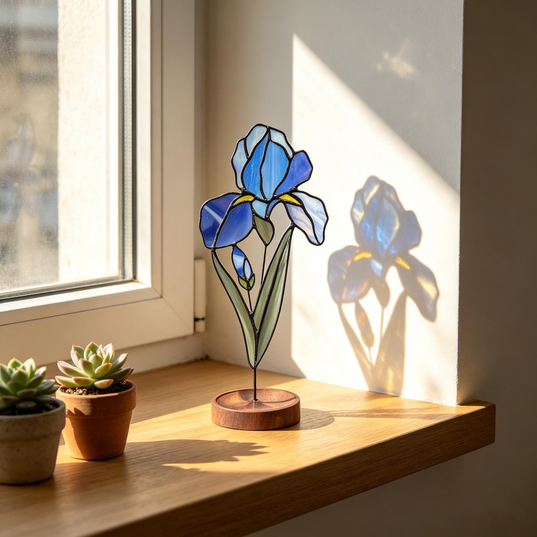Handmade Blue Iris Stained Glass Flower Tabletop Suncatcher Decor Round ...