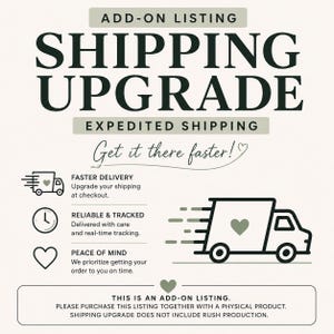 May include: A graphic with dark green text on a light background reading ADD-ON LISTING SHIPPING UPGRADE EXPEDITED SHIPPING. It includes icons of a delivery truck with a heart, a clock, and a heart, plus text about faster delivery and tracking.