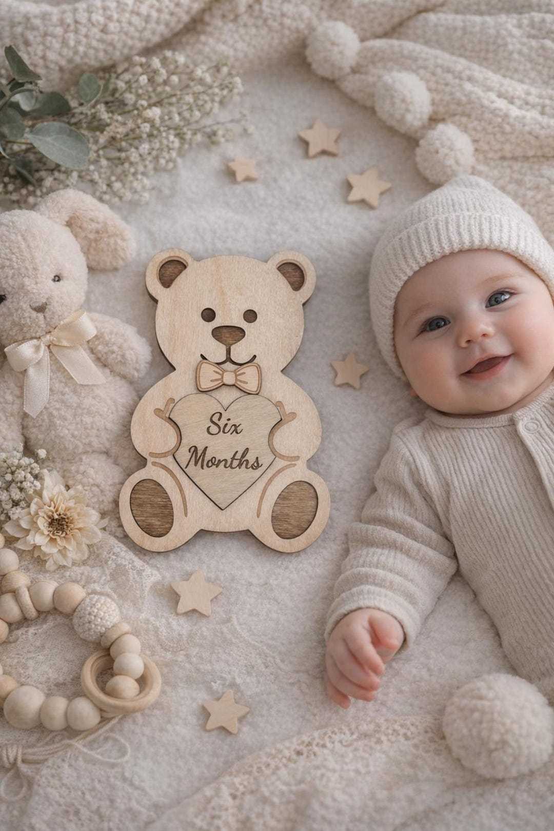 Wooden Baby Monthly Milestone Sign Set | Bunny Bear Photo Props (1-12 ...