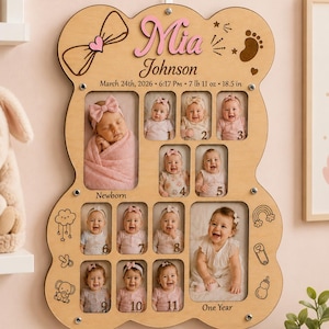 May include: A light-colored wooden bear-shaped photo collage frame featuring the name Mia Johnson, birth details, and twelve photo slots labeled 1 through 11 and Newborn. The frame includes engraved icons of a bow, footprint, cloud, elephant, rainbow, and bottle.