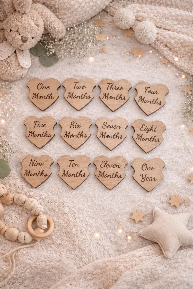 Wooden Baby Monthly Milestone Sign Set | Bunny Bear Photo Props (1-12 ...