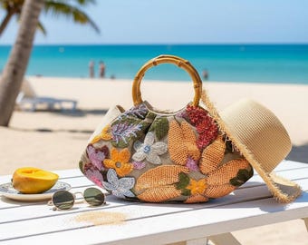 Bolso de paja bordado con neceser de lentejuelas florales, regalo para damas de honor, bolso de viaje para la playa.