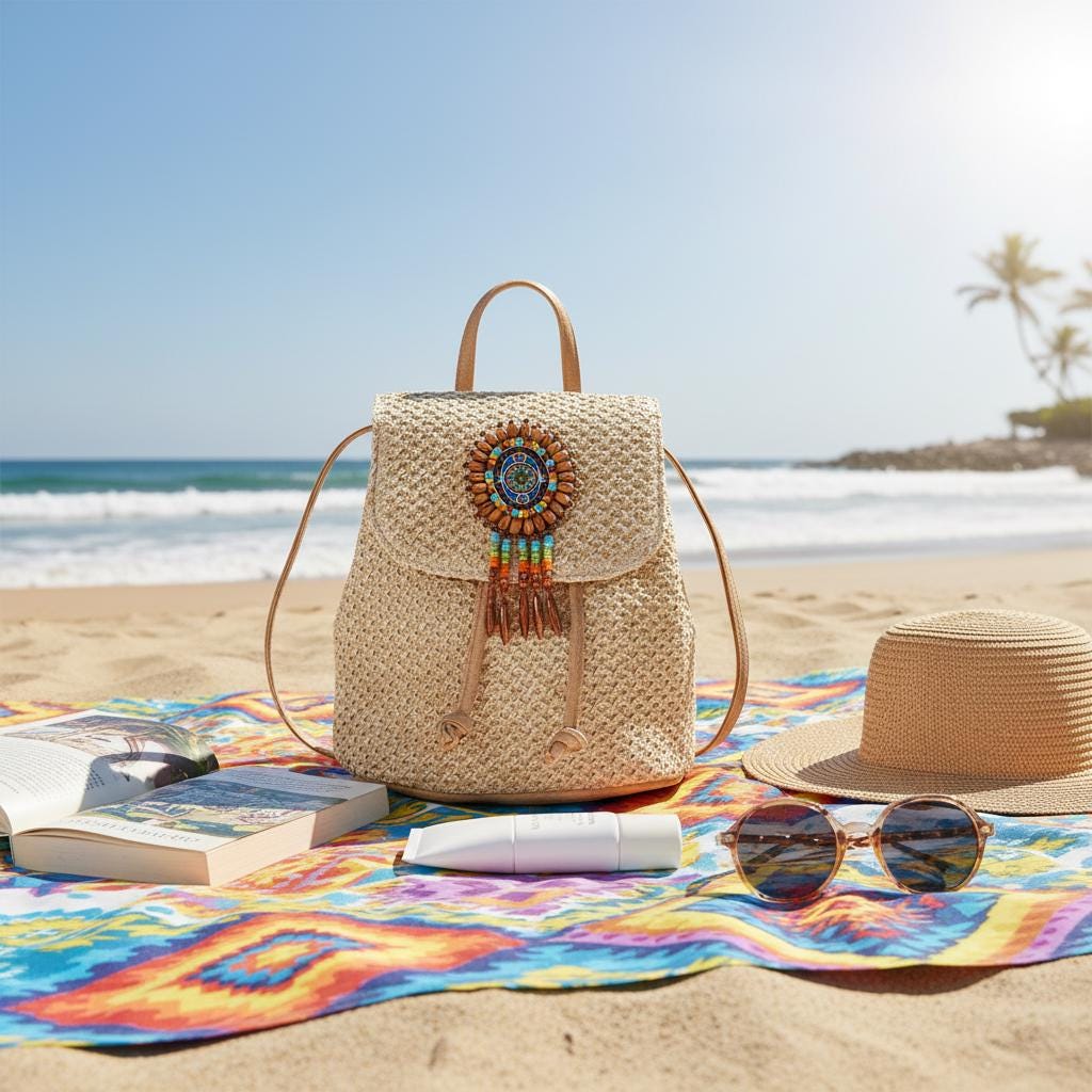 Handmade Women Woven Straw Backpack Medium Tan Boho Cottage Festival Rattan Beac Woven Rattan Backpack for Women Summer Bag. Boho Style Small  main image 3