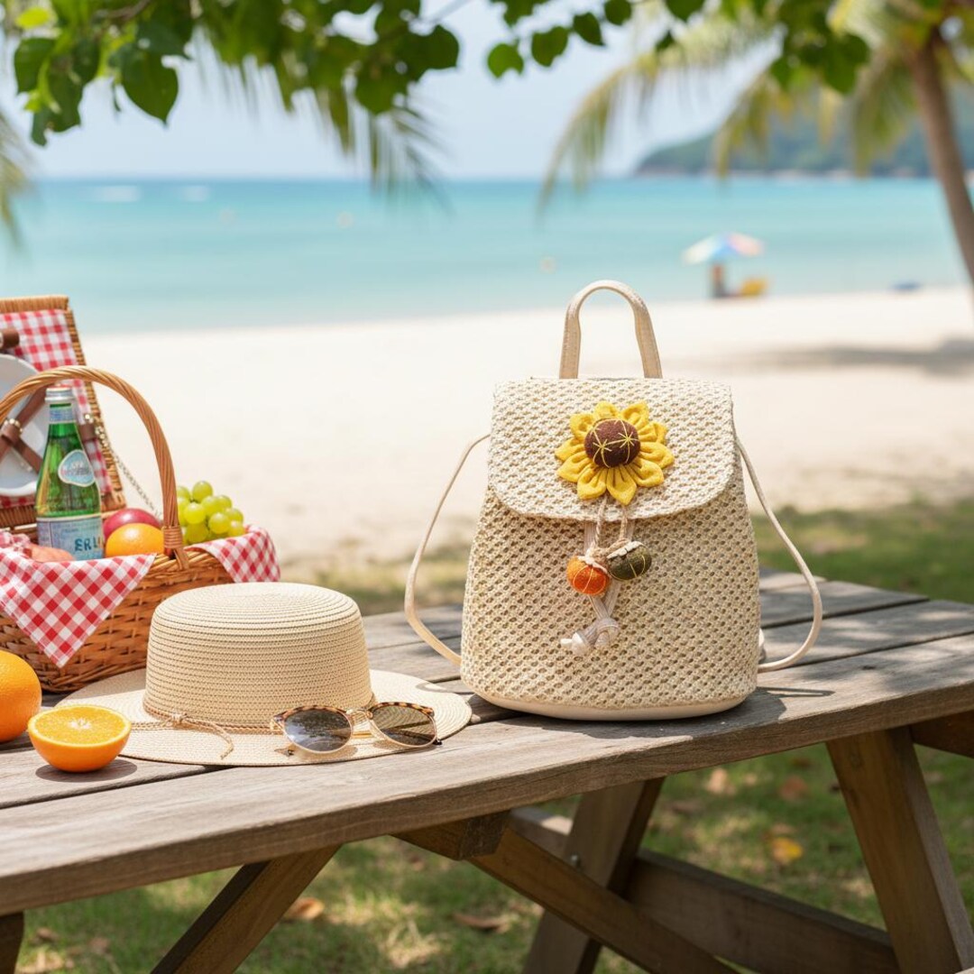 Straw Rucksack Boho Sunflower Straw Backpack – Handmade Woven Rucksack for Summer ...
