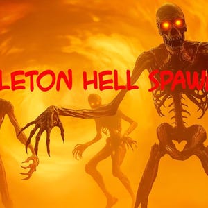Könnte beinhalten: Drei dunkle, skelettartige Gestalten mit leuchtend orangefarbenen Augen stehen vor einem hellen, feurig orangefarbenen Hintergrund. Der Text SKELETON HELL SPAWN steht in fetten roten Buchstaben in der Mitte des Bildes über den Figuren.