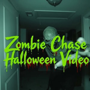 May include: A green-tinted, low-light photograph of a bald, pale-skinned humanoid figure with a wide, toothy grin. The text 'Zombie Chase Halloween Video' is overlaid in bright green, dripping-style lettering across the center of the image.