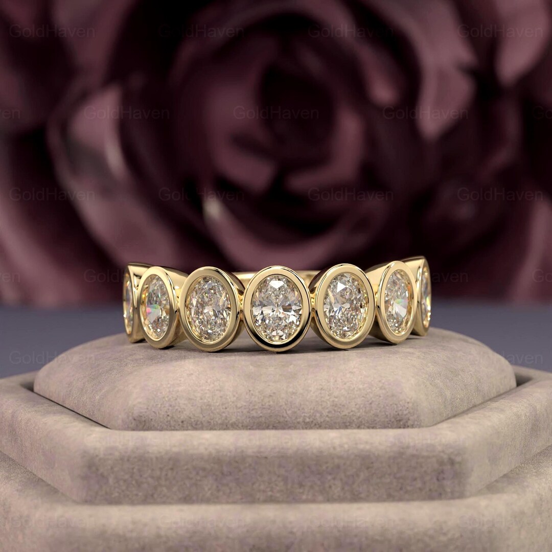 14k Yellow Gold Oval Cut Moissanite Bezel Set Half Eternity Band, Oval ...