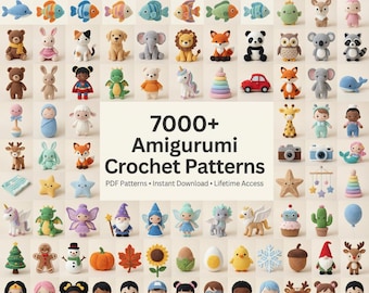 Könnte beinhalten: Eine Sammlung farbenfroher Amigurumi-Häkelmuster, darunter Tiere, Meeresbewohner, Puppen und saisonale Figuren. Das Bild zeigt eine Vielzahl handgefertigter Artikel mit dem Text "7000+ Amigurumi Crochet Patterns" in der Mitte. PDF-Muster sind zum sofortigen Download verfügbar.