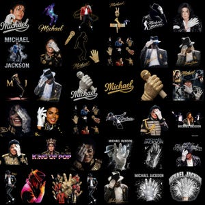 May include: A collection of images featuring Michael Jackson, including portraits, silhouettes, and graphics. The images showcase Jackson's iconic style, with text overlays such as "Michael" and "King of Pop" on a black background.