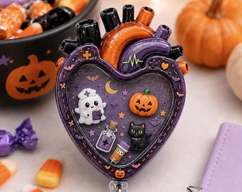 Anatomical Heart Halloween Shaker Badge Reel, Spooky Cardiology Cardiac Nurse Retractable Badge Holder, CVICU Cath Lab RN Healthcare Gift