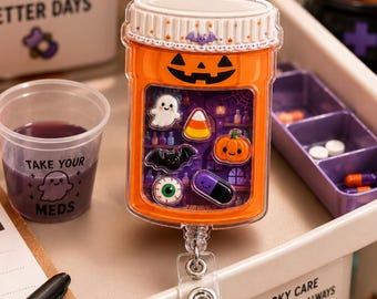 Halloween Pill Bottle Shaker Badge Reel, Spooky Pharmacist Apothecary Retractable Badge Holder, Pharmacy Tech CPhT Nurse Healthcare Worker