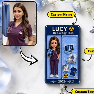 May include: A rectangular navy blue badge reel featuring a cartoon radiology technician in purple scrubs holding an X-ray. The badge displays the text LUCY, Radiology Tech, and 2026. It includes miniature medical icons like a scanner and clipboard.