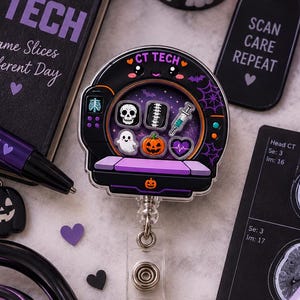 May include: A CT Tech badge reel featuring a purple and black scanner design with icons of a skull, spine, syringe, ghost, and pumpkin. The set includes a purple pen, a stethoscope, a tumbler with text, a notebook, and scissors with ghost motifs.