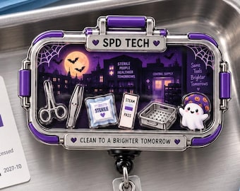 SPD Tech Halloween Shaker Badge Reel, Sterile Processing Retractable Badge Holder, CRCST Central Sterile Surgical Instrument Healthcare Gift