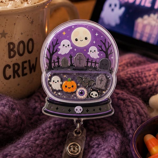 Ghost Snow Globe Shaker Badge Reel, Halloween Graveyard Whimsical Retractable Badge Holder, Gothic Dark Academia Nurse Teacher Pastel Goth