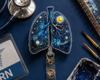 Stjärnklar natt Anatomiska lungor Badge Rulla, Andningsterapeut Van Gogh Infällbar Badgehållare, Dark Academia Pulmonology Sjuksköterska Medicinsk