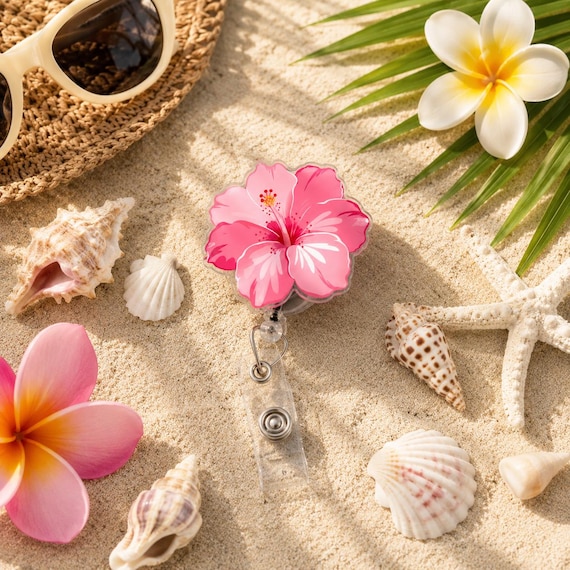 Rose Hibiscus Syriacus Badge Reel, Cute Floral Aesthetic Retractable Badge Holder, Teacher Nurse Cozy Tropical Flower Summer Coquette Gift
