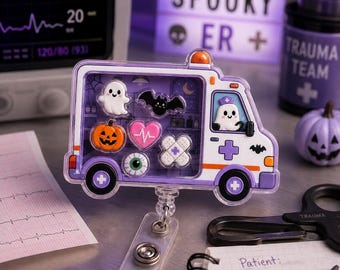Halloween Ambulance Shaker Badge Reel, Spooky Cute ER Nurse Trauma Retractable Badge Holder, Ghost EMT Paramedic First Responder Healthcare