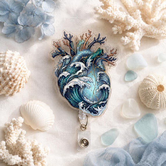 Ocean Heart Wave Badge Reel, Coastal Mermaidcore Aesthetic Retractable Badge Holder, Teacher Nurse Nautical Sea Life Dark Academia Beach Gif