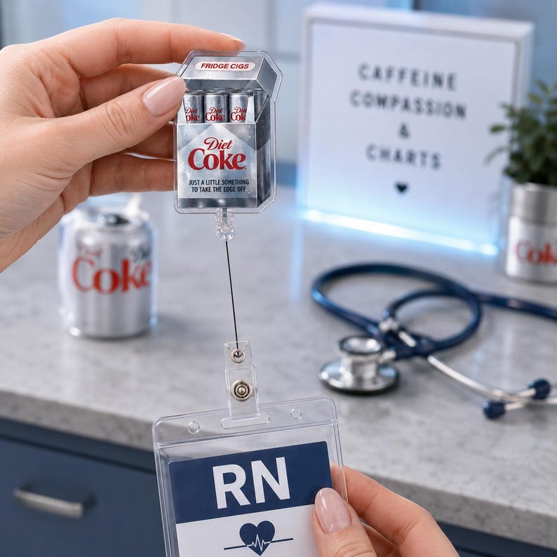 May include: A novelty Diet Coke badge reel with a clear plastic case resembling a cigarette pack, labeled "FRIDGE CIGS." The reel is attached to an RN badge. A can of Coke and a stethoscope are in the background.