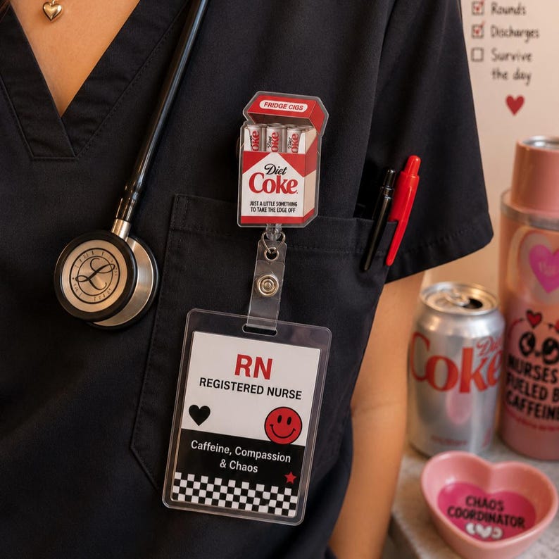 Pu&ograve; includere: Un'uniforme medica nera con uno stetoscopio, una penna rossa e un badge reel Diet Coke. Il badge reel presenta un design a scatola Diet Coke con il testo "Fridge Cigs" e "Diet Coke". &Egrave; visibile anche un tesserino da infermiera registrata.