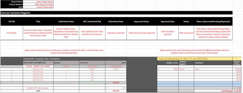 Construction Project Variation Tracker - Etsy