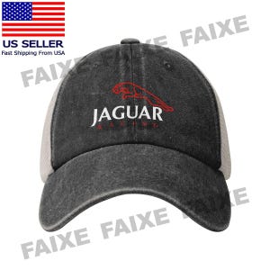 May include: A charcoal gray trucker hat with a curved brim and a white mesh back. The front of the hat features the word "JAGUAR" in white, with a red jaguar logo above it. The word "RACING" is below the word "JAGUAR".
