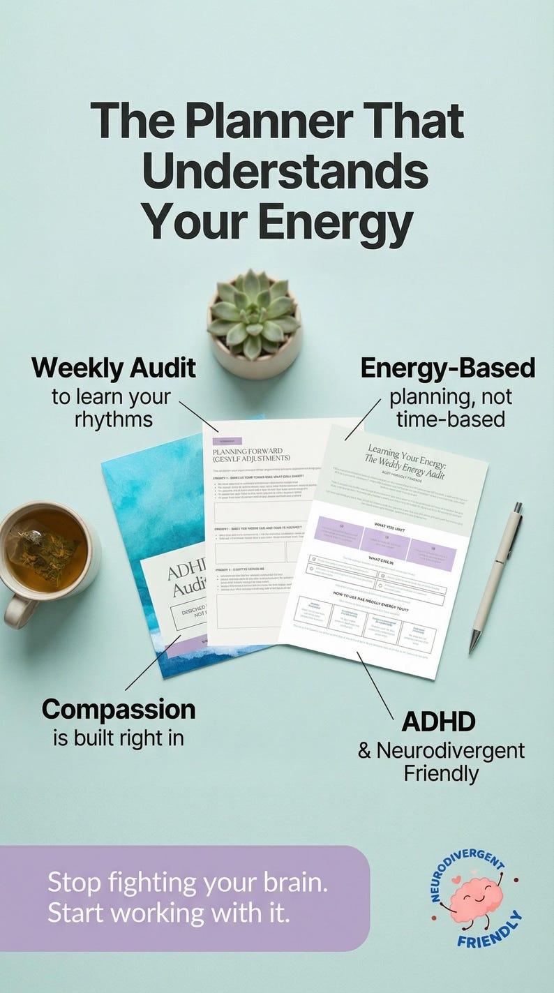May include: A planner with printed pages featuring text including The Planner That Understands Your Energy, Weekly Audit, and Learning Your Energy. The pages are displayed with a succulent, a cup of tea, and a pen on a light background.