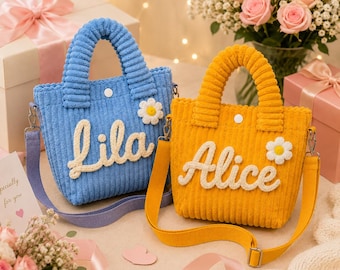 Custom Bridesmaid Tote Bag with Name | Green Corduroy Wedding Gift Bag | Personalized Bridal Party Gift | Cute Floral Bee Handbag