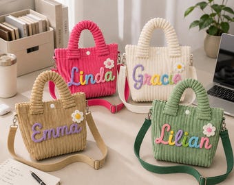 Gepersonaliseerde corduroy crossbodytas voor dames | Groene schoudertas met naam | Lichtgewicht handtas voor dagelijks gebruik met riem
