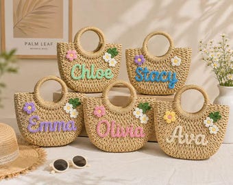 Bolso de paja personalizado, bolso de playa con nombre personalizado, bolso tejido a mano, regalo para damas de honor