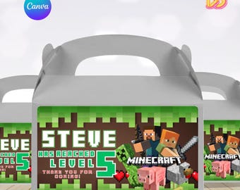 Etiqueta editable para caja de regalo de Minecraft, caja de dulces para fiestas de cumpleaños, plantilla de Canva de descarga instantánea, pegatina digital personalizable para niños