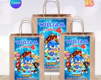 Sonic Geburtstag Gunst Taschenaufkleber | Bearbeitbare Canva-Vorlage (Digitaler Download)