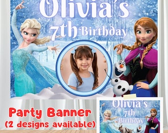 Fondo personalizado para fiesta de princesa de invierno, pancarta de celebración del reino de nieve, póster de cumpleaños con foto personalizado, decoración imprimible de Frozen.