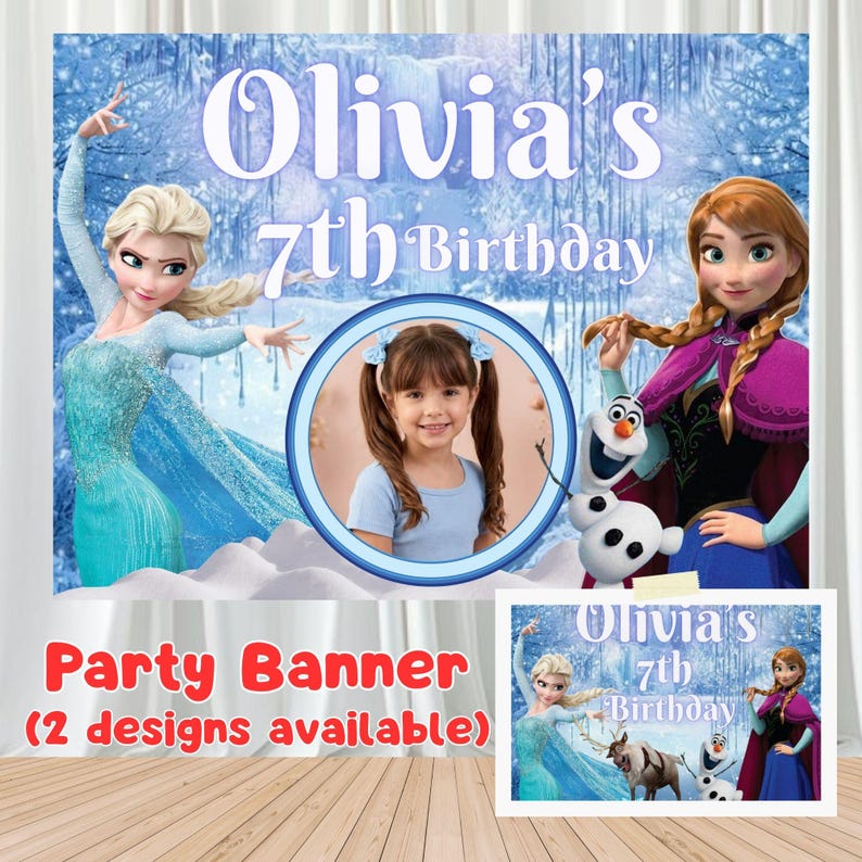 Puede incluir: Una pancarta de fiesta rectangular con un fondo de bosque invernal, Elsa y Anna de Frozen, un mu&ntilde;eco de nieve y un marco circular central para una foto. El texto dice Olivia's 7th Birthday. Un recuadro m&aacute;s peque&ntilde;o muestra el dise&ntilde;o completo.