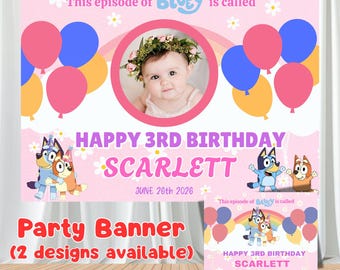 Fondo de cumpleaños de perro azul, pancarta fotográfica personalizada, decoración de fiesta de perro de dibujos animados, póster de celebración infantil, decoración para el segundo cumpleaños de una niña.