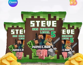 Envoltorio de bolsa de patatas fritas de Minecraft, etiqueta de cumpleaños para snacks, plantilla de Canva de descarga instantánea, pegatina digital personalizable para evento de juego de bebé niño