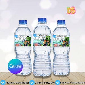 Può includere: Tre bottiglie d'acqua trasparenti con tappi blu ed etichette personalizzate. Le etichette riportano "Minecraft James 5th Birthday" con grafica di personaggi pixelati. Sono visibili anche il logo Canva e il testo "Instant Download, Canva Editable, Easy to Personalize".