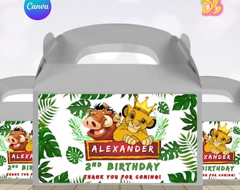 Etiqueta editable para caja de regalo de El Rey León, caja de dulces para fiestas de cumpleaños, descarga instantánea, fiesta en la jungla, pegatina digital personalizable para eventos.